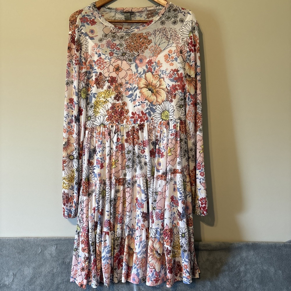 Love X Design Floral Tiered Dress Multicolor Long Sleeve Mesh Knee Length M